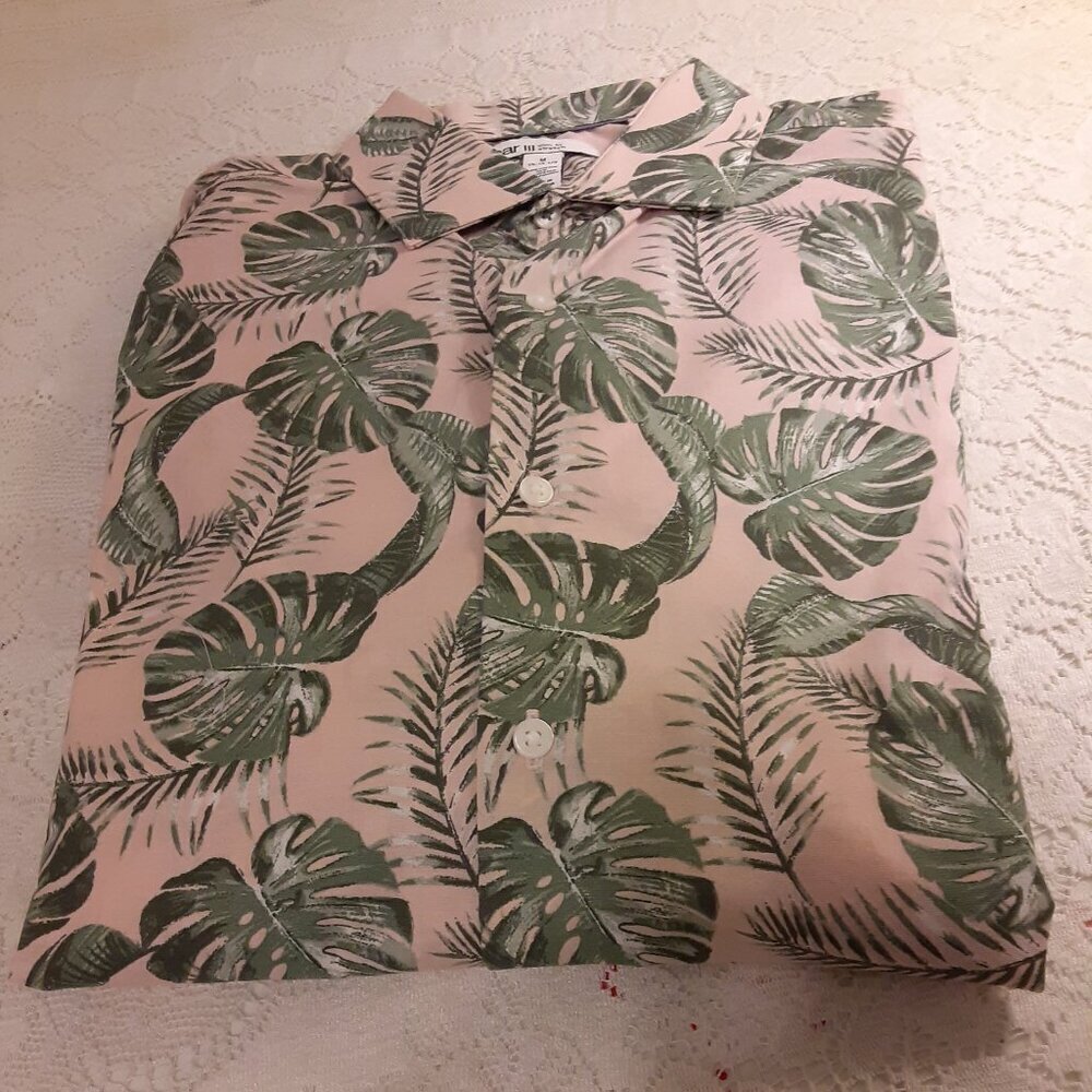 Bar III 15/15.5 - 26 Men's Long Sleeve Beige Shirt w/Green Leaves